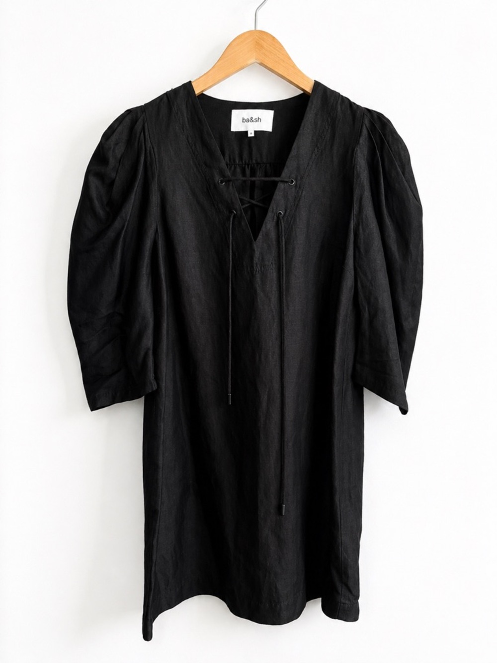 ba&sh Black Mini Dress Lace Up Front With Puff Sleeve